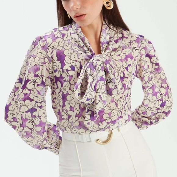 Bow Tie Collar Patterned Blouse - PURPLE - Picture 2 of 9